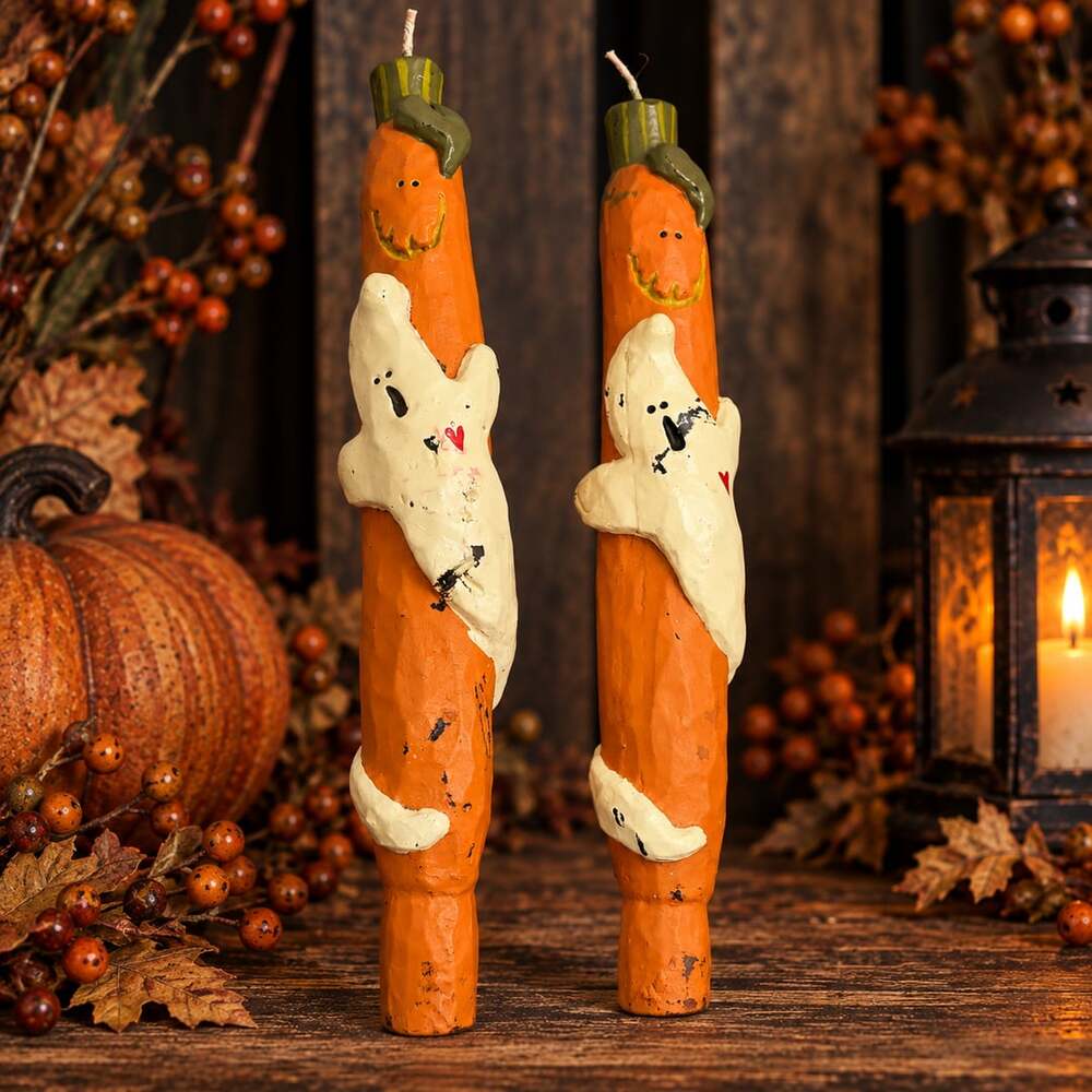 Primitive Halloween Jack O Lantern Ghost Painted Wax Taper Candles Pair Folk Vtg